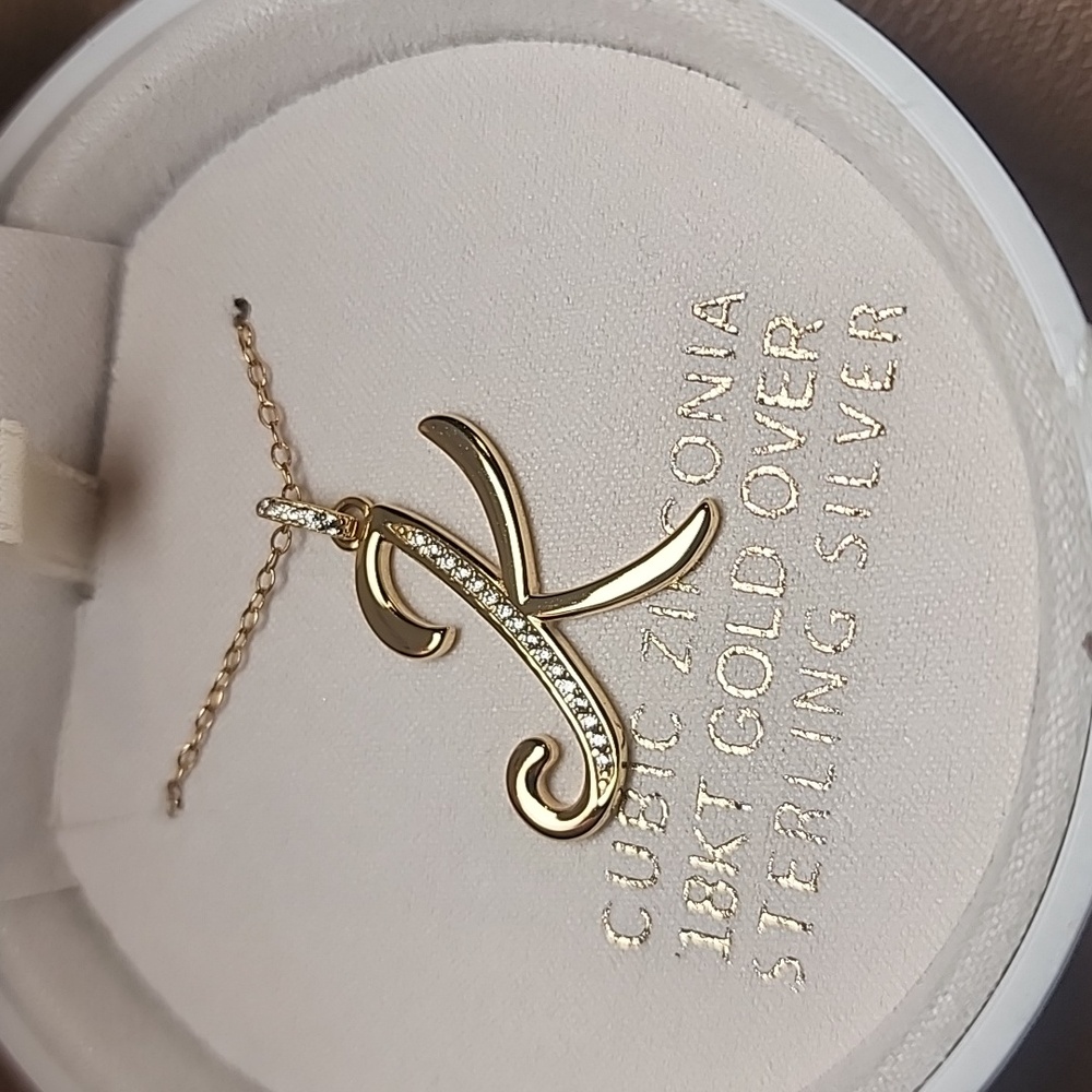 New Cubic Zirconia 18KT Gold Over Sterling Silver "K" Pendant Necklace, NWT - Picture 2 of 8